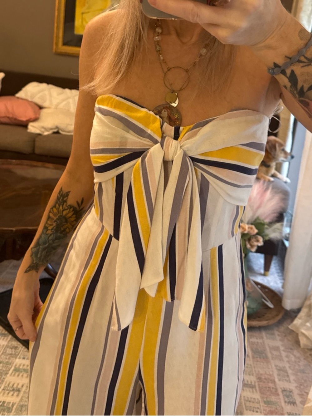 Gypsies & Moondust Strapless Tie-Front Striped Jumpsuit in White, Yellow & Navy